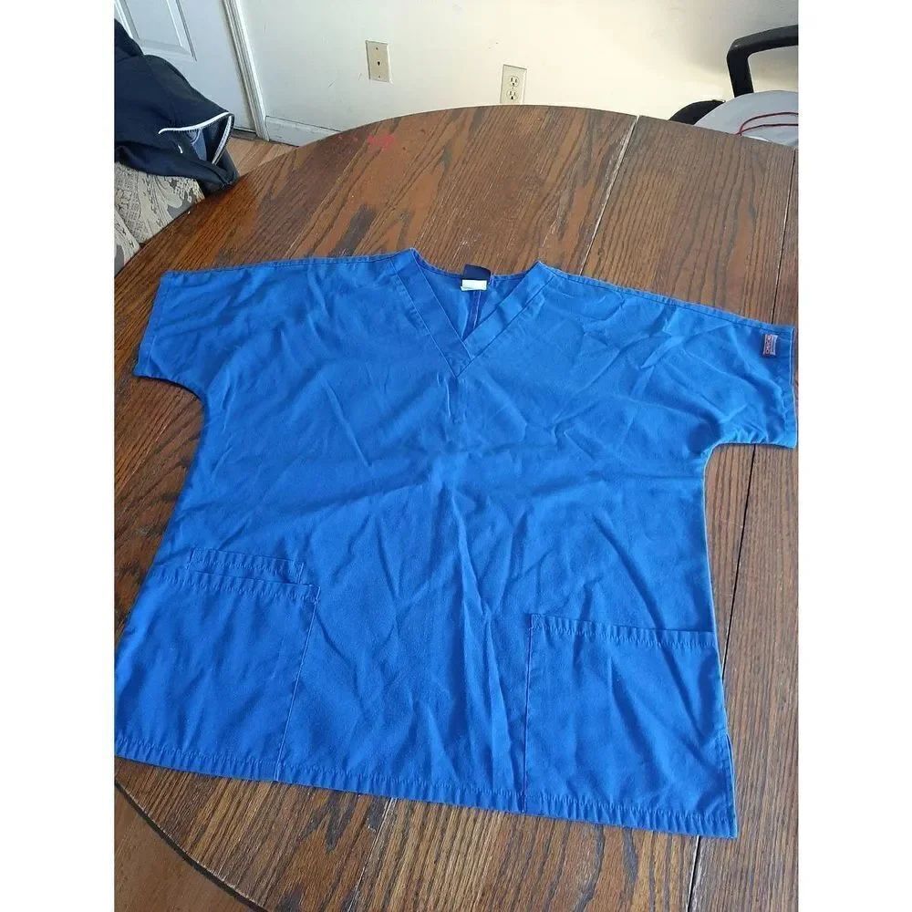 Medium Cherokee Workwear Blue Scrub Top Shirt Short Sleeve V-Neck